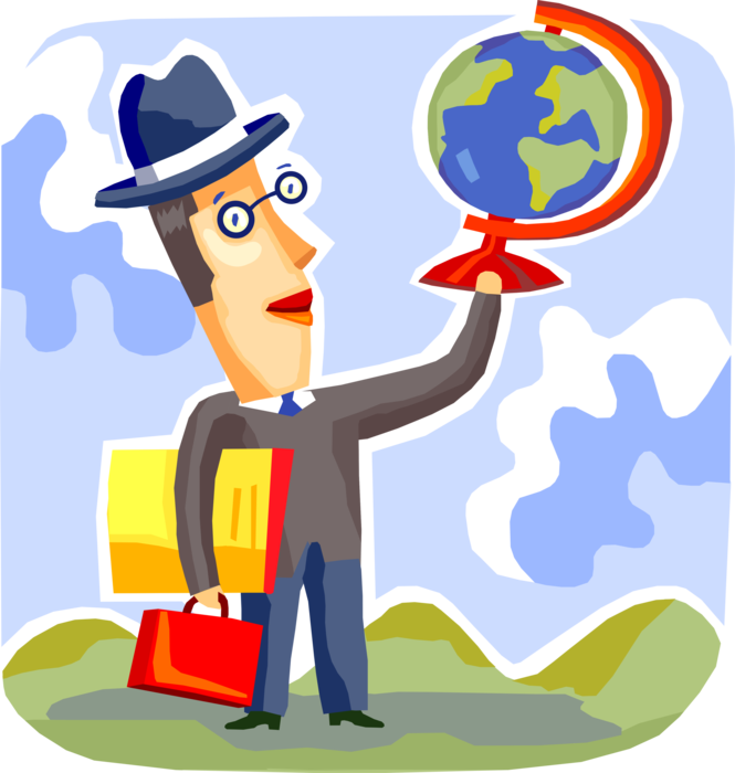 Vector Illustration of Professional Sales Businessman Targets International Markets with Terrestrial Geographical World Globe