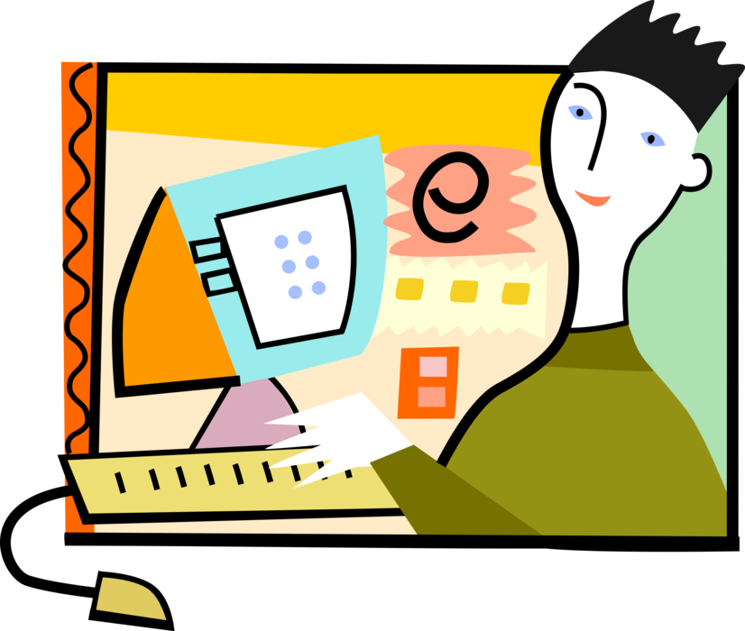 Vector Illustration of Man Sends Email Mail Correspondence with Computer