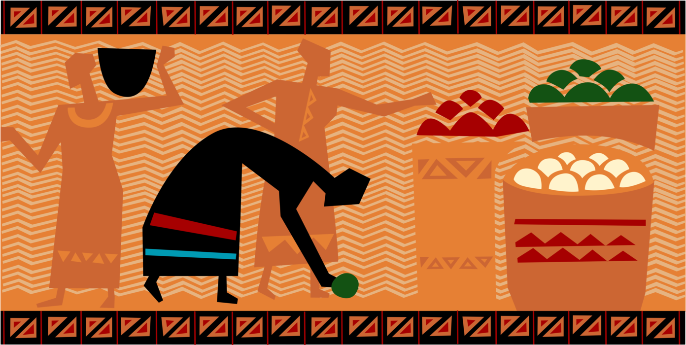 Vector Illustration of African Native Women Harvest Farm Crops in Baskets