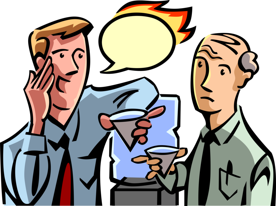 Vector Illustration of Work Colleagues Exchange Inflammatory Office Gossip at Office Water Cooler