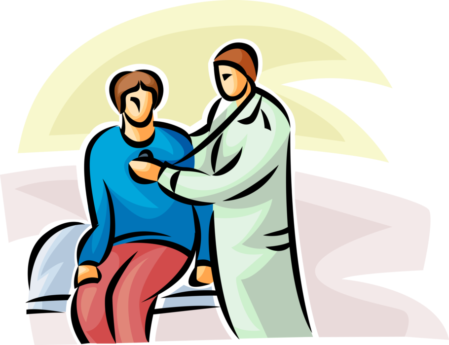 Vector Illustration of Health Care Professional Doctor Physician Listen to Patient's Heartbeat with Stethoscope