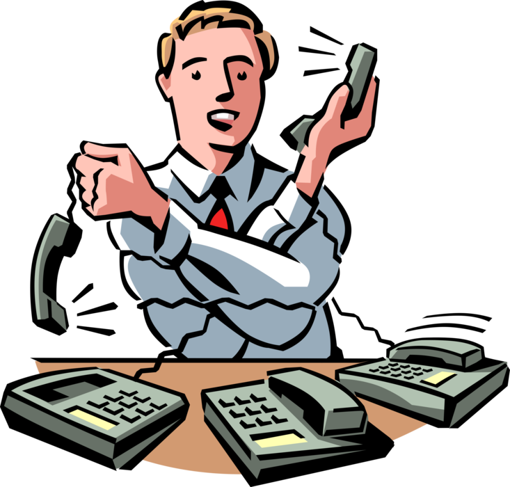 Vector Illustration of Multitasking Businessman Fields Multiple Conversations at Once on Office Telephone Phones