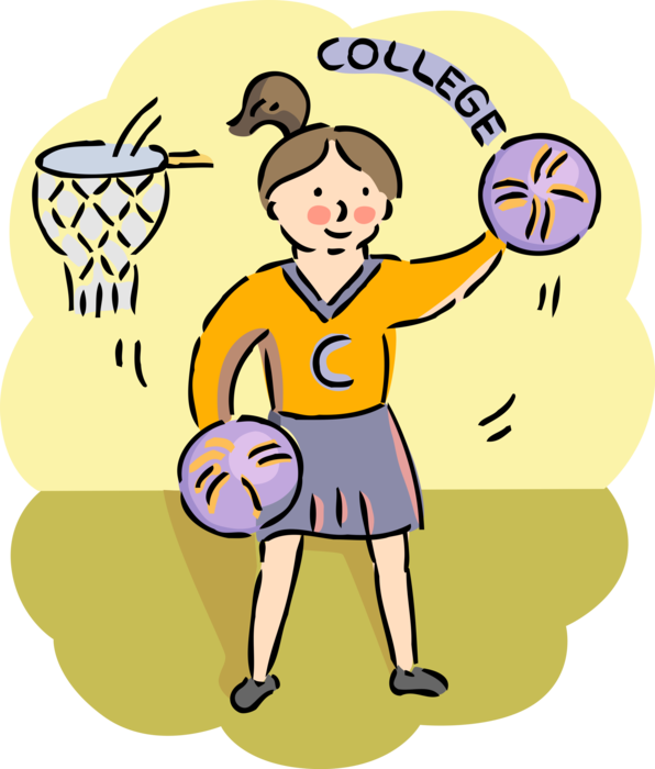 Vector Illustration of College Basketball Cheerleader Cheers and Shows Team Support with Pom Poms