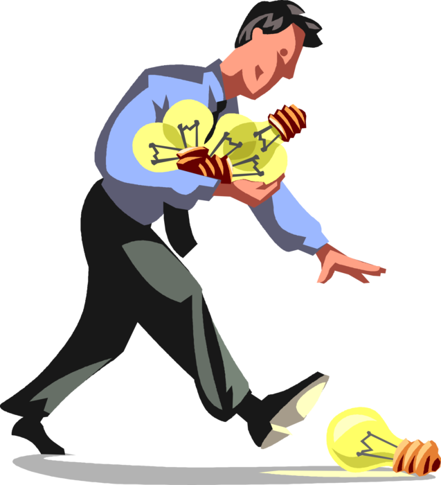 Vector Illustration of Businessman Discovers New Ideas with Electric Light Bulb Symbols of Invention, Innovation, and Good Ideas