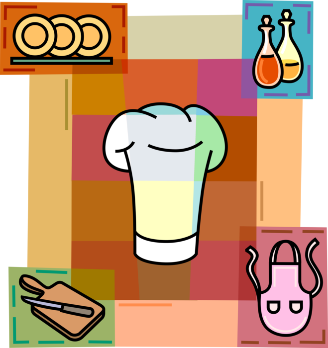 Vector Illustration of Culinary Cuisine Chefs Hat, Apron, Kitchen Cutting Board, Salad Oil and Vinegar, and Plates