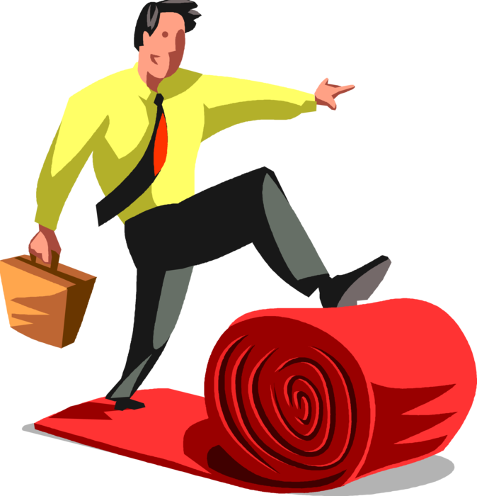 Vector Illustration of Businessman Rolls Out Red Carpet to Welcome Someone in Very Friendly Manner