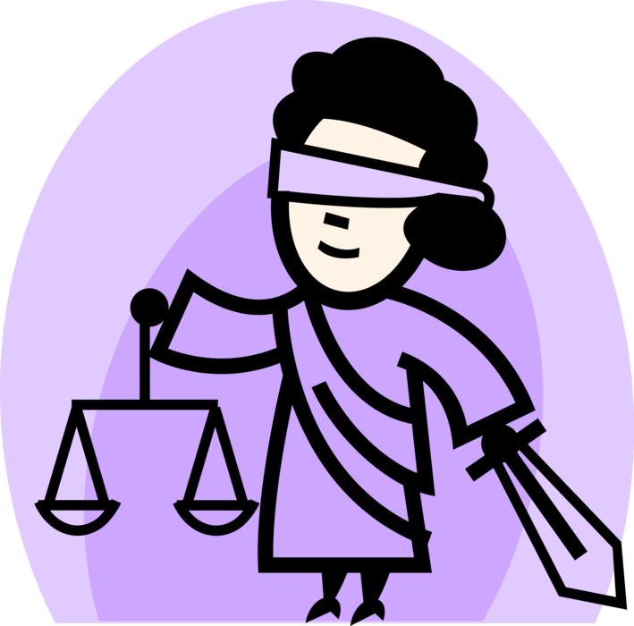 Vector Illustration of Justice Scales with Blindfolded Lady Justice Symbolizing Measure of Case's Support and Opposition
