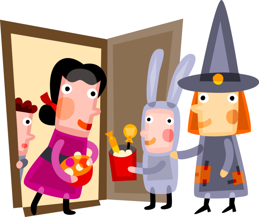 Vector Illustration of Halloween Trick or Treat Children in Costumes Receive Candy and Treats