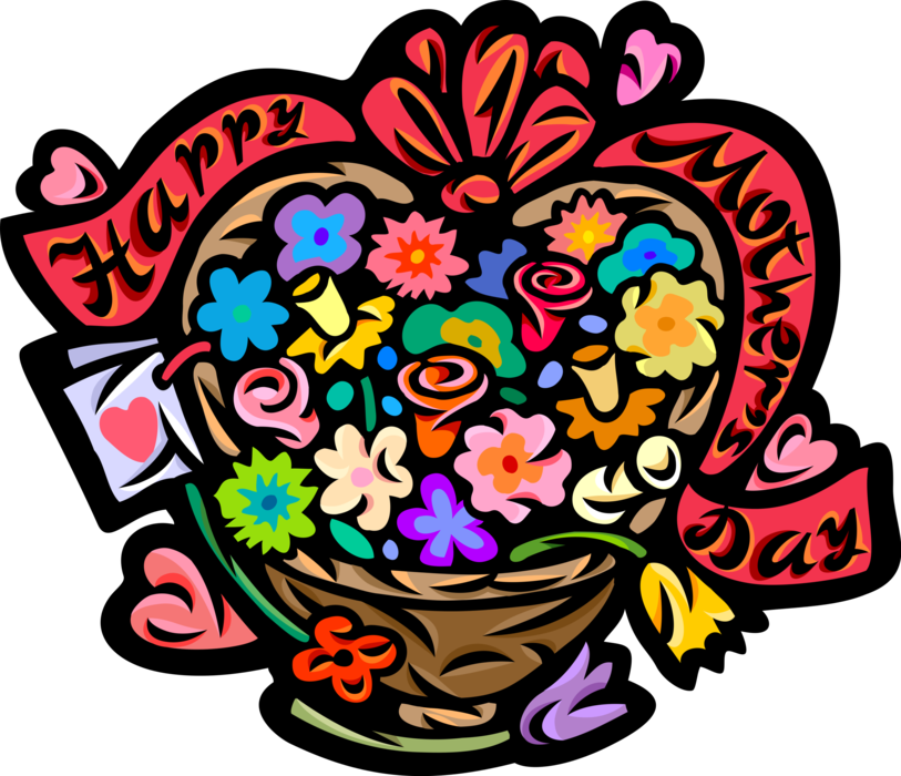 Vector Illustration of Happy Mother's Day Flower Basket Gift with Ribbon Banner and Bow