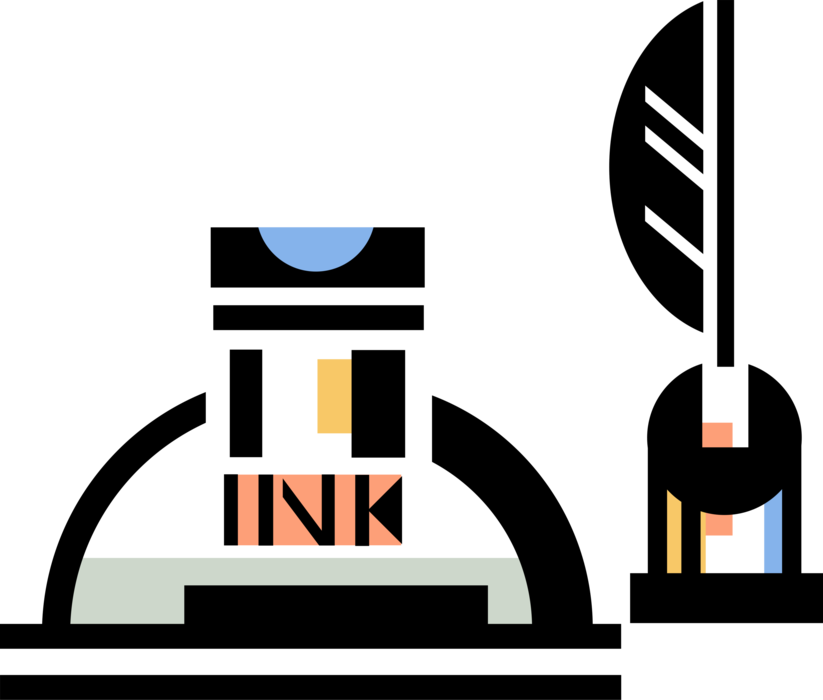 Vector Illustration of Inkwell with Feather Quill Pen Writing Instrument
