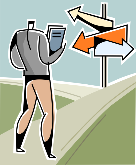 Vector Illustration of Businessman Faces Difficult Challenge and Decision at Crossroads Offering Choice of Direction Signpost Arrows