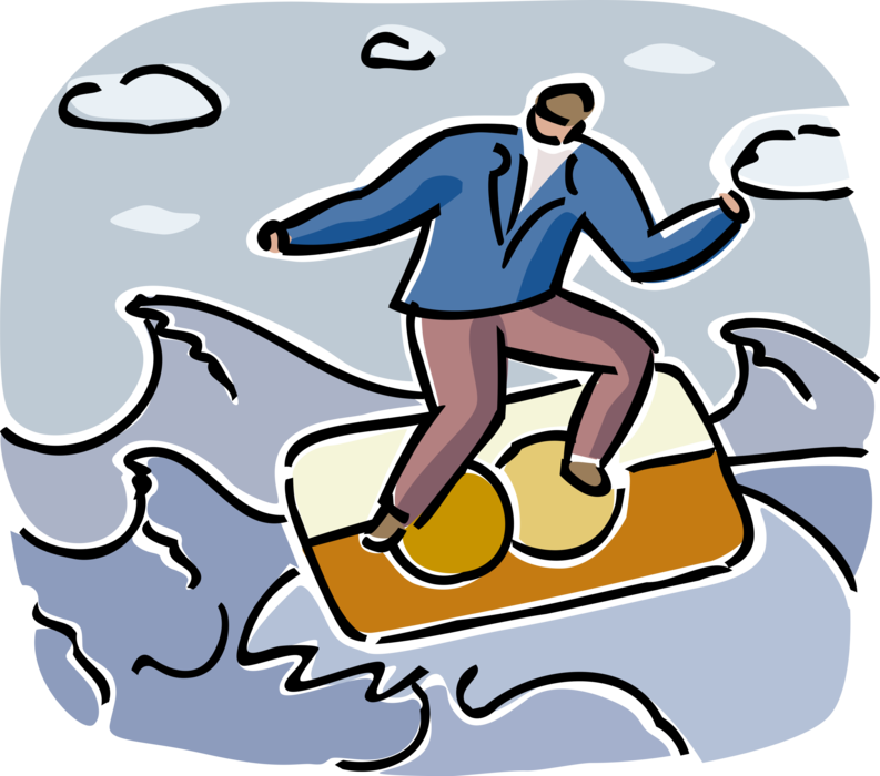 Vector Illustration of Businessman Rides Credit Card Method of Payment Instead of Cash to Navigate Turbulent Financial Waters