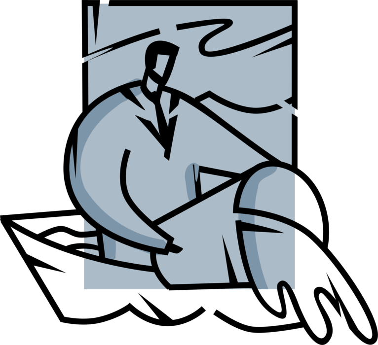 Vector Illustration of Businessman in Sinking Boat Bales Water with Pail to Avoid Catastrophe