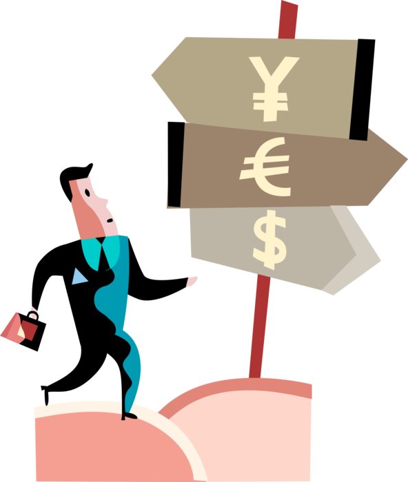Vector Illustration of Businessman Investor with Investment Option Financial Currency Direction Arrow Signs