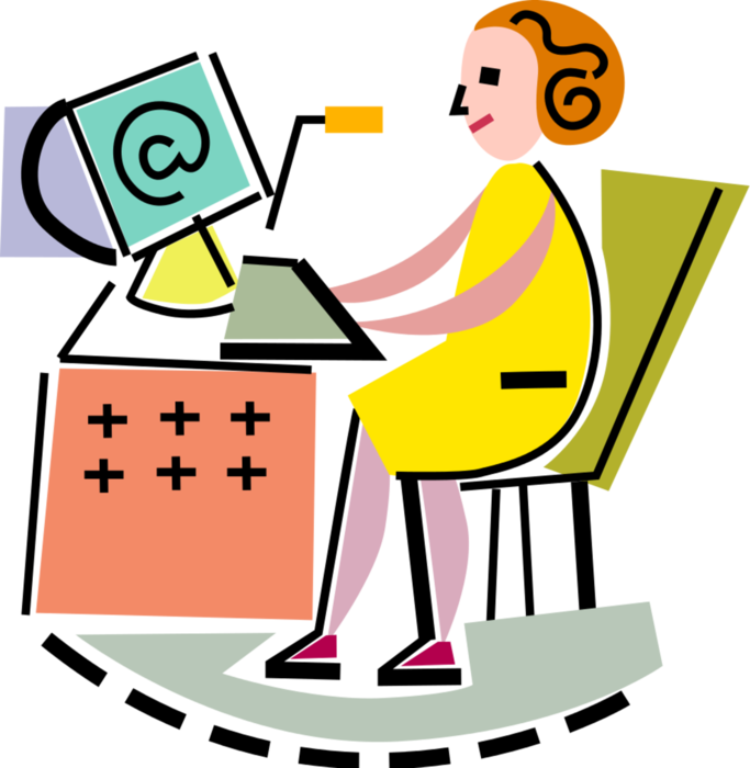 Vector Illustration of Businesswoman Office Worker Checks @ Sign Email at Desk