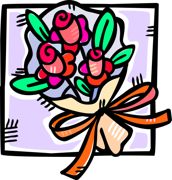 Vector Illustration of Floral Bouquet of Gift Flower Roses with Ribbon Bow
