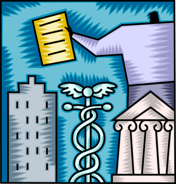Vector Illustration of Banking Industry Invests in Health Care Organizations with Medical Caduceus Symbol of Hermes