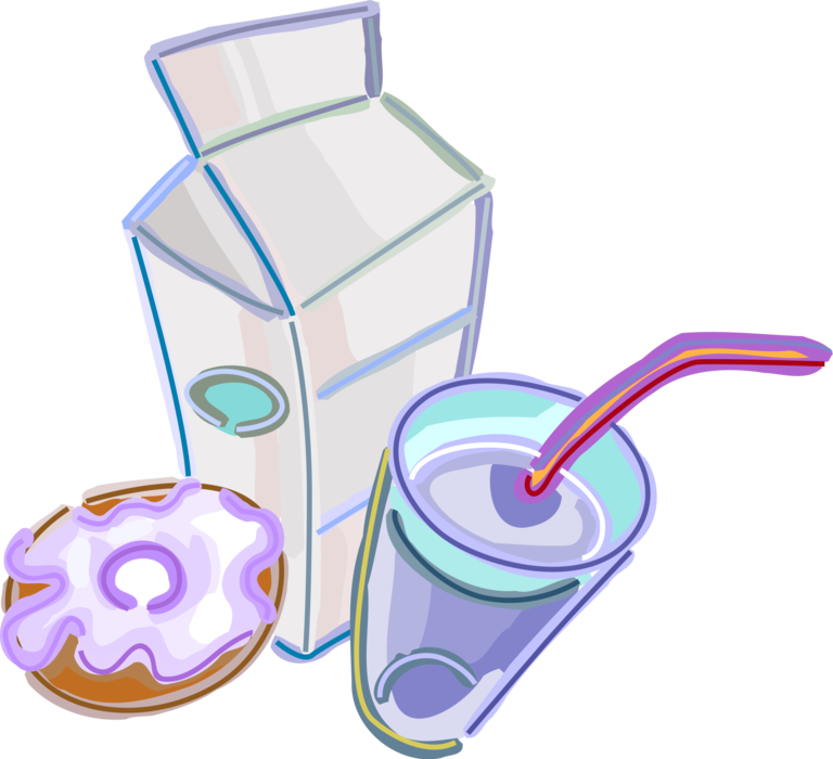 Vector Illustration of Glass of Fresh Dairy Milk with Milk Carton and Donut Doughnut Snack