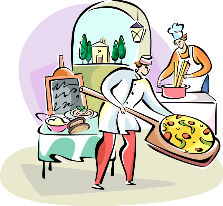 Vector Illustration of Italian Cuisine Restaurant Chefs Make Pizza and Pasta Dinner
