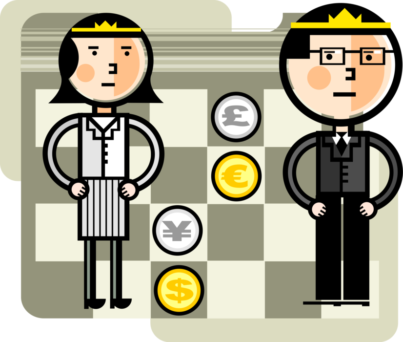 Vector Illustration of Business Associates King and Queen Play Strategic Board Game of Financial Chess on Chessboard