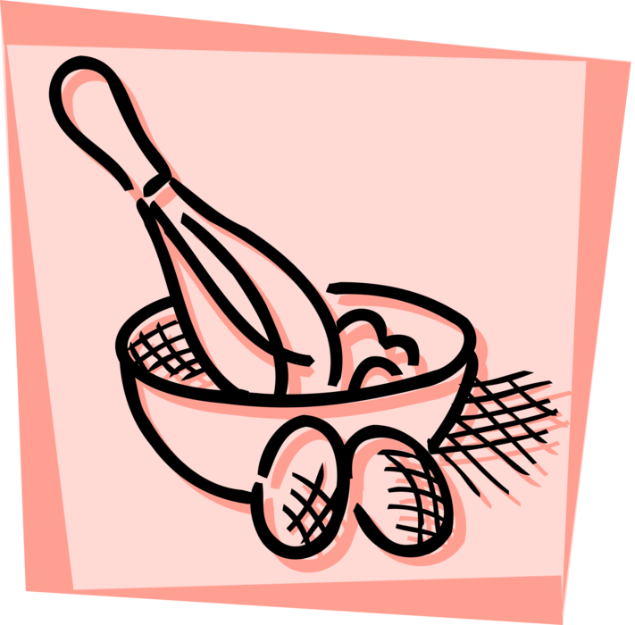 Vector Illustration of Kitchen Mixing Bowl with Wisk and Cracked Egg Eggshells