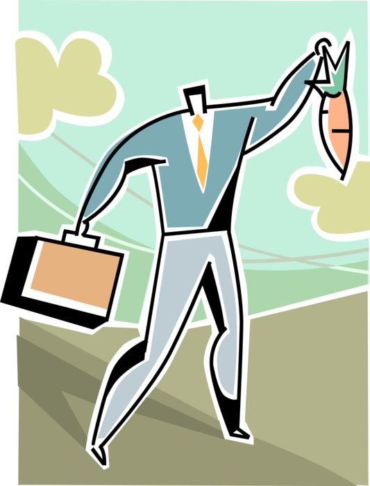 Vector Illustration of Businessman Dangles Carrot Financial Incentive Enticement or Promised Reward