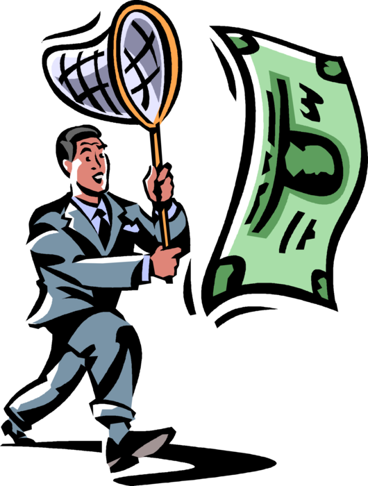 Vector Illustration of Businessman Chases Cash Money Dollars with Butterfly Net