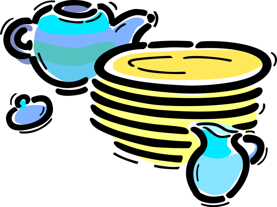 Vector Illustration of Kitchen Dishware Plates, Bowls, Dishes and Teapot