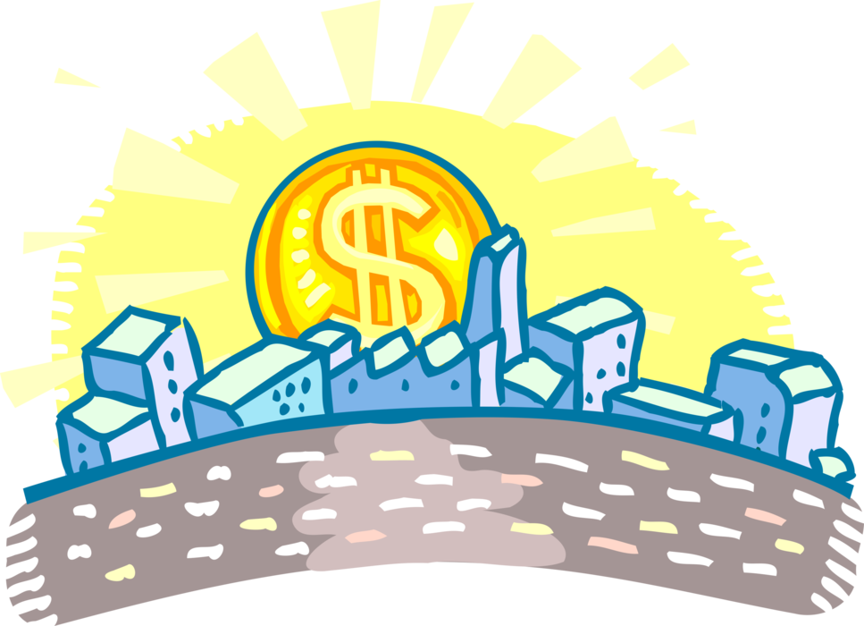 Vector Illustration of Cash Money "Dollar" Sun Coin Sunrise Rising Over City Skyline