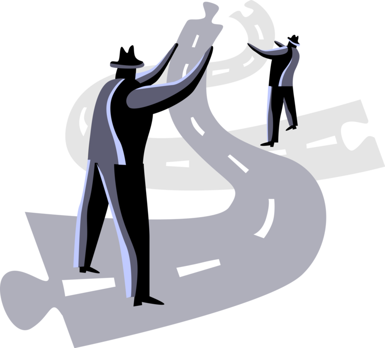 Vector Illustration of Business Executives Employ Teamwork to Construct Highway Road Pieces of Jigsaw Puzzle