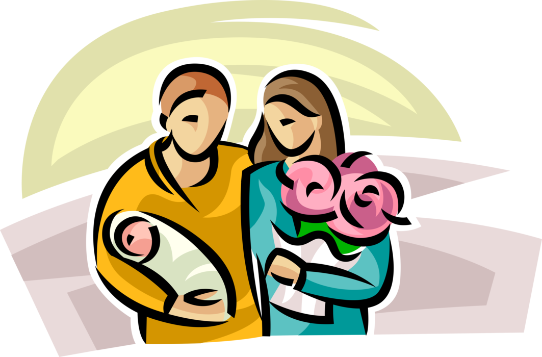 Vector Illustration of Proud Parents with Newborn Infant Baby Arrive Home from Hospital Maternity Ward 