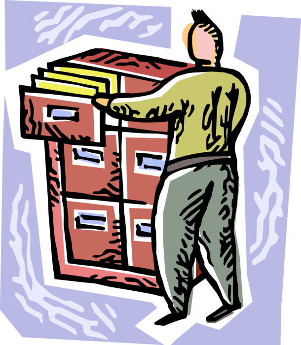 Vector Illustration of Businessman Searches Office Files in Filing Cabinet Archive for Paper Documents in File Folders