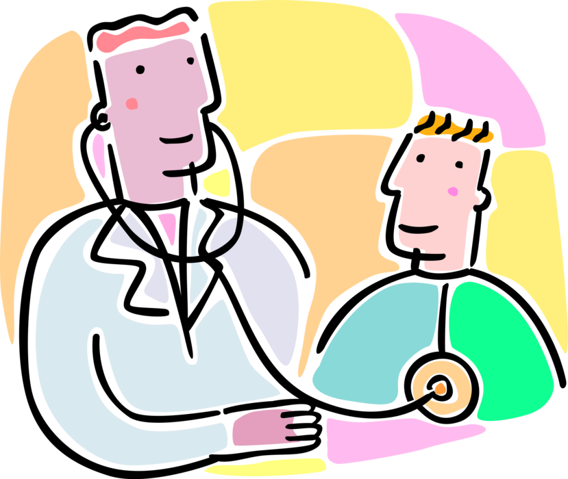 Vector Illustration of Health Care Professional Doctor Physician Listen to Patient's Heart with Stethoscope
