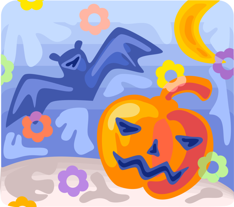 Vector Illustration of Halloween Jack-o'-Lantern Carved Pumpkin with Vampire Bat