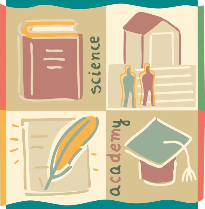 Vector Illustration of Academic Scholarly Pursuits in Educational Academia with Student Scholars and Science Research