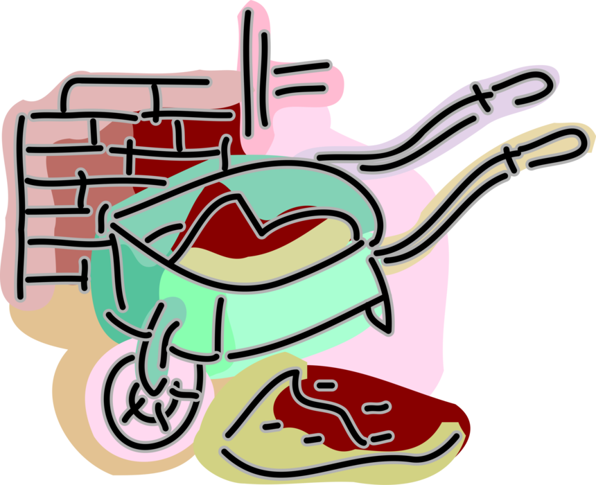 Vector Illustration of Wheelbarrow Filled with Masonry Cement and Brick Wall