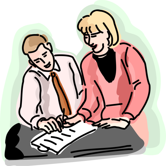 Vector Illustration of Business Colleagues Review Contract Document in Office