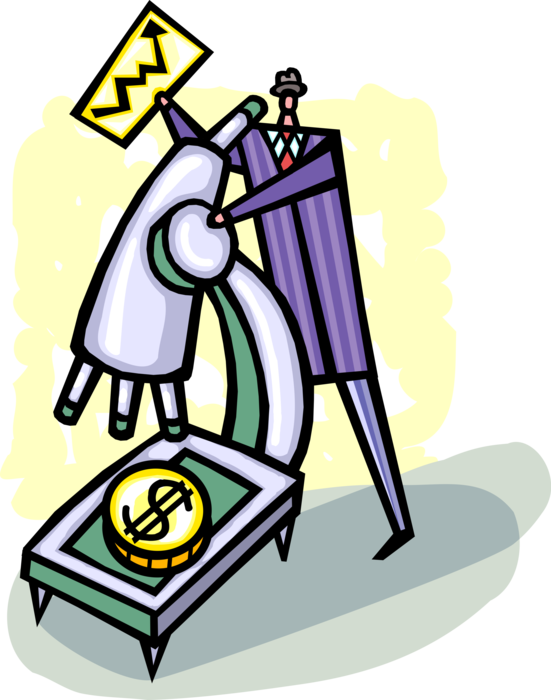Vector Illustration of Corporate Business Manager Forecasts Corporate Earnings and Profits with Microscope