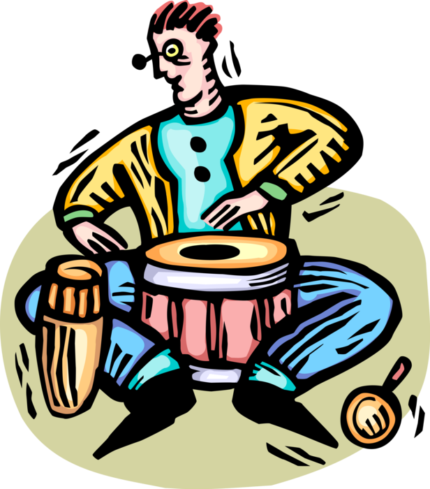 Vector Illustration of Musician Plays Bongo Drums Musical Percussion Instrument