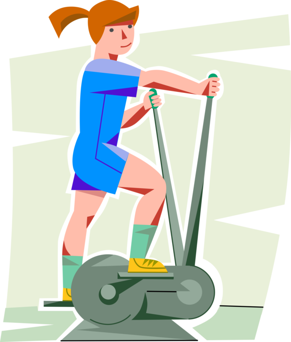 Vector Illustration of Young Girl in Physical Fitness Exercise Workout on Elliptical Trainer