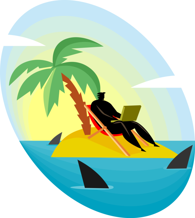 Vector Illustration of Businessman with Computer on Deserted Island Surrounded by Marine Predator Sharks