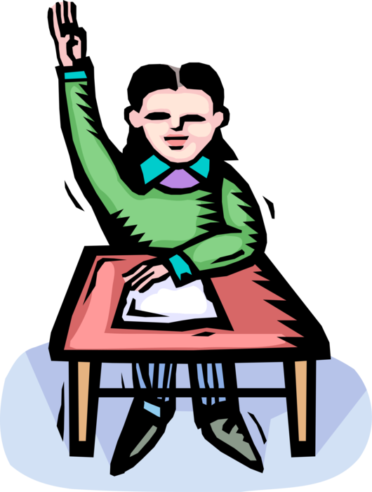 Vector Illustration of Student Raises Hand in School Classroom to Answer Question from Teacher