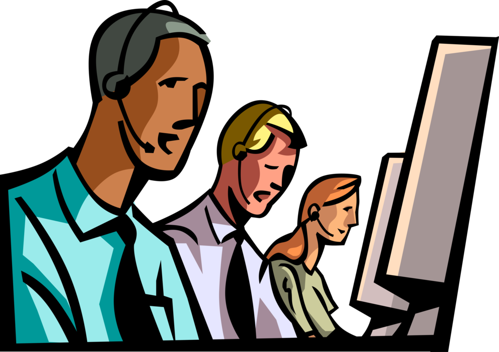 Vector Illustration of Telemarketing Direct Marketing Salespeople Talk on Headset Microphones at Computers
