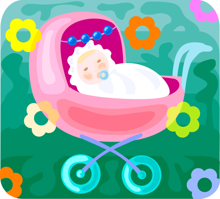 Vector Illustration of Newborn Infant Baby in Pram Stroller Carriage