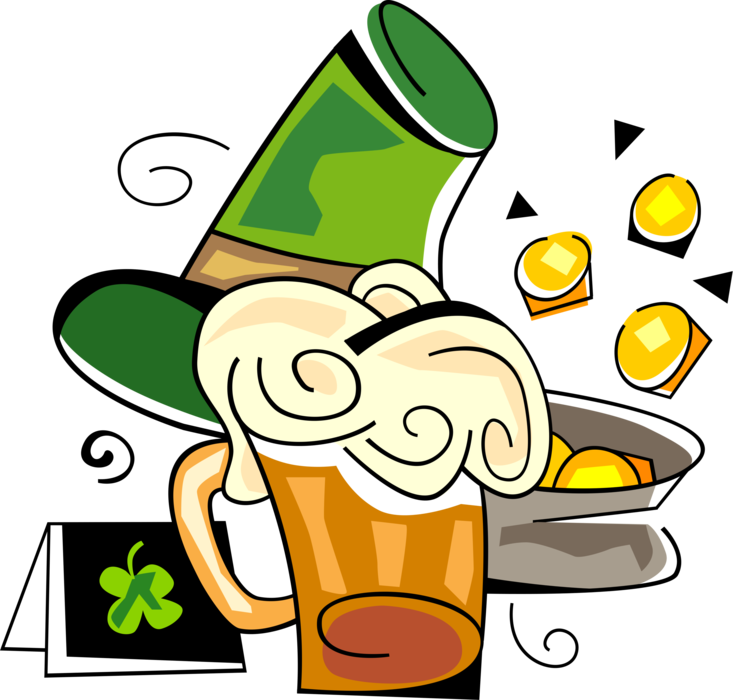 Vector Illustration of St Patrick's Day Beer and Pot of Gold with Irish Leprechaun Hat