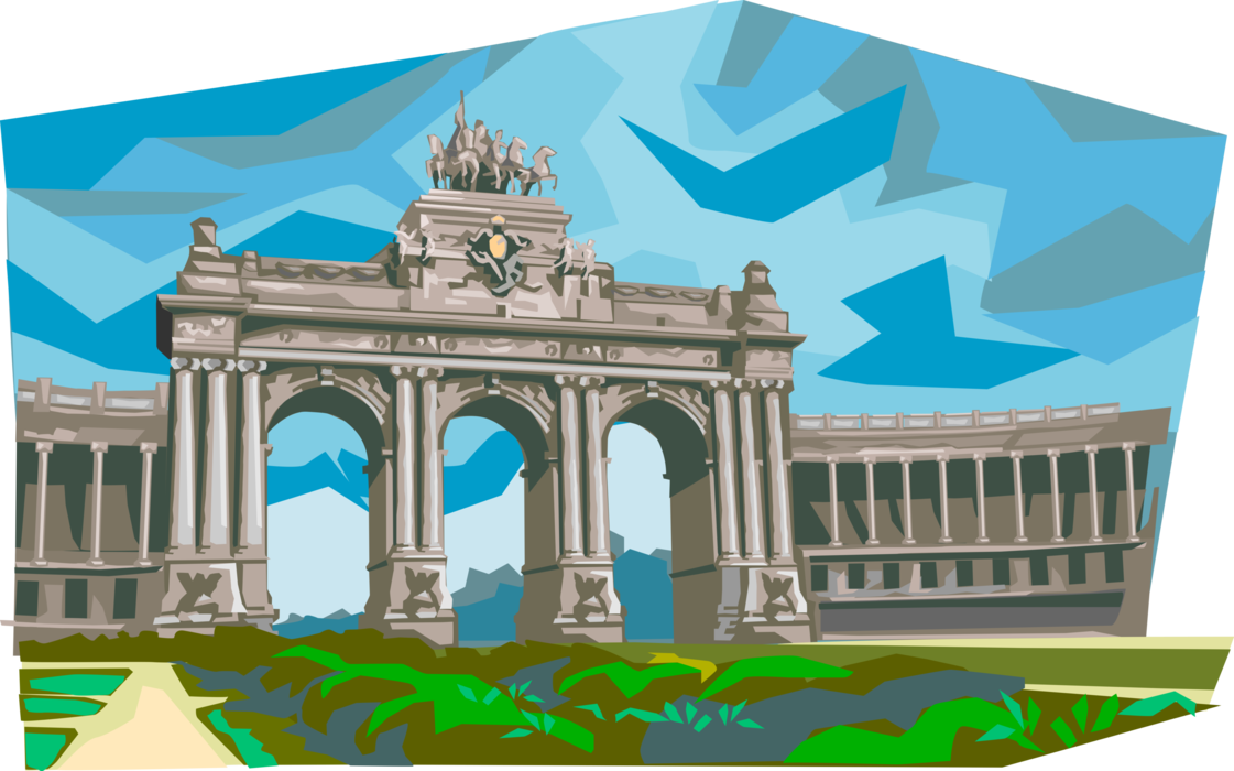 Vector Illustration of Cinquantenaire Arch Park of Fiftieth Anniversary Public Park, Brussels, Belgium 