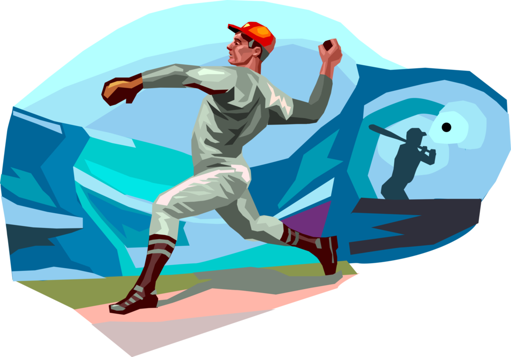 Vector Illustration of American Pastime Sport of Baseball Pitcher Throws Ball During Game to Batter Swinging Bat at Home Plate