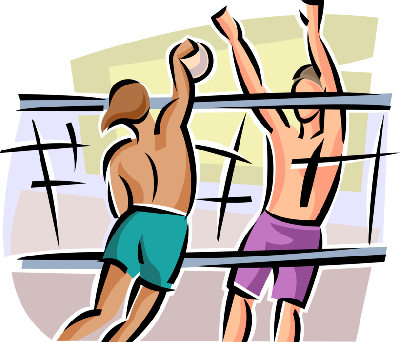 Vector Illustration of Sport of Beach Volleyball Players at Net During Game