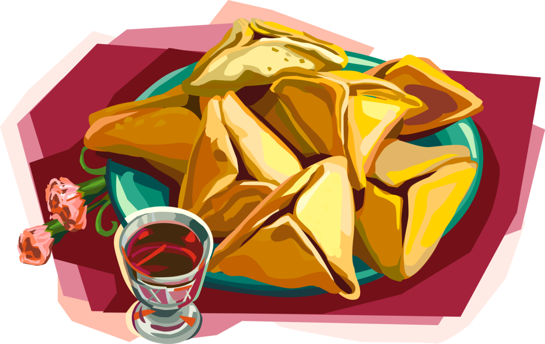 Vector Illustration of Plate of Jewish Hamantachen Filled-Pocket Cookie or Pastry with Kiddush Cup Served on Purim