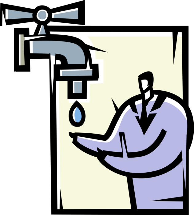 Vector Illustration of Businessman Catches Drip Drops from Faucet Sink Tap